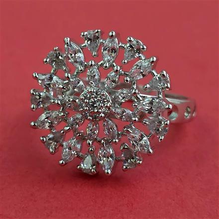 Cubic Zirconia Adjustable Ring With Mehndi 2 Tone Rhodium Plating