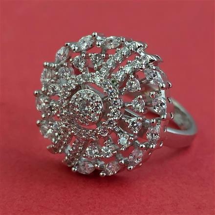 Cubic Zirconia Adjustable Ring With Mehndi 2 Tone Rhodium Plating