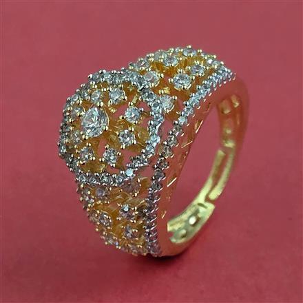 Cubic Zirconia Adjustable Ring With Mehndi 2 Tone Rhodium Plating