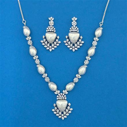 Cubic Zirconia Pearl Necklace With Mehndi Rhodium Plating