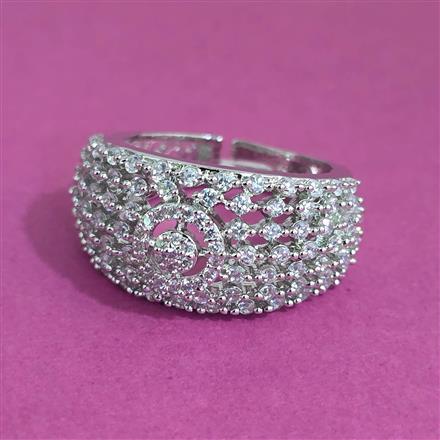 American Diamond Adjustable Ring With Mehndi Plating 2 Tone Plating Rhodium Plating