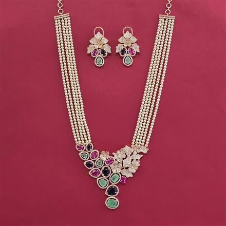 American Diamond Moti Pendant Set With Gold Plating