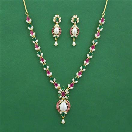 American Diamond Pearl Necklace with Gold Plating