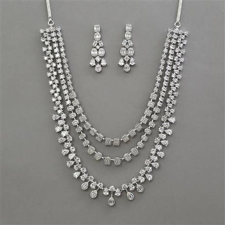 American Diamond Layered Necklace with Rhodium Plating