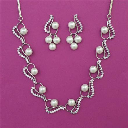 American Diamond Pearl Necklace with Rhodium Plating Mehndi Plating
