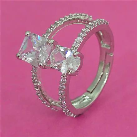 American Diamond Adjustable Ring with Rhodium Plating Mehndi Plating