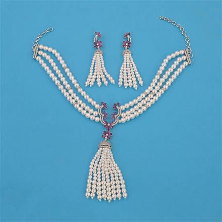 American Diamond Pearl Necklace with Rhodium Plating