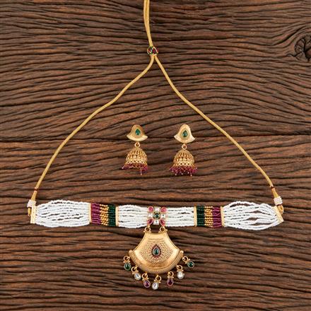 Antique Moti Necklace With Matte Gold Plating