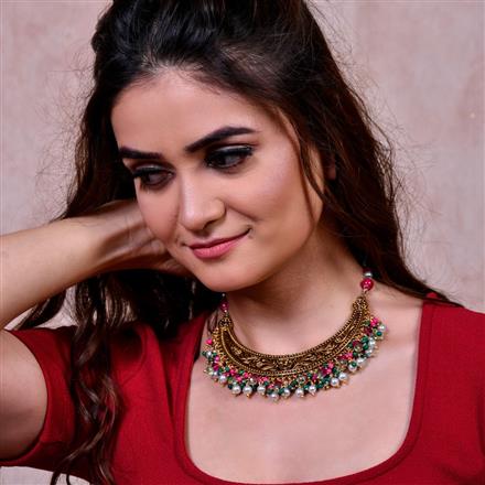 Western Glass Pearl Beads With Big Metal Moon Necklace Set