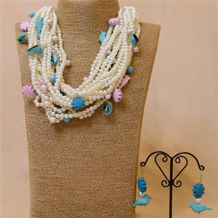 Western Pearl Necklace Set With Wooden Pendants & Sea Shell