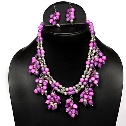 Western Glass Beads Necklace Set with Oxidised Plating