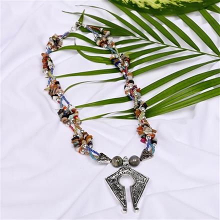 Western Semi Precius Stone Chips Glass Seed Beads Necklace With Oxidised Plating