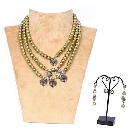Western Pearl Bead Necklace Set with Metal Charms