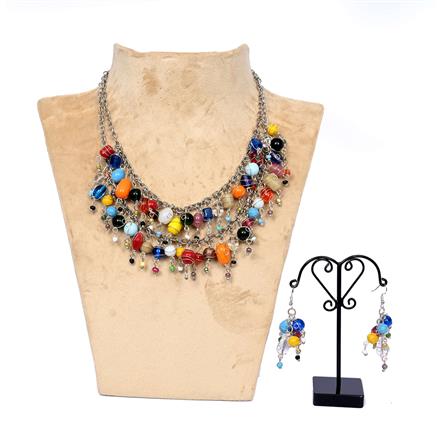Glass Beads Necklace With Rhodium Plating