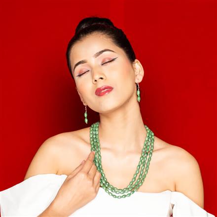 Western Multi layered Green Beaded Necklace with matching drop Earrings