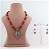 Western Red Glass Bead Necklace with Oxidized Silver Pendant and Earring Set