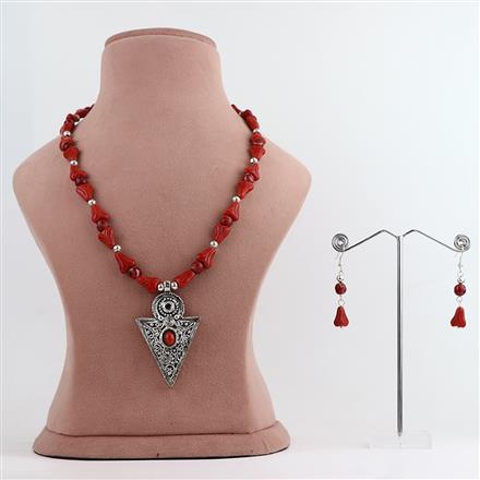 Western Red Glass Bead Necklace with Oxidized Silver Pendant and Earring Set