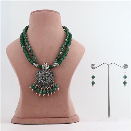 Western Double Strand Green Glass Bead Necklace and Earring Set