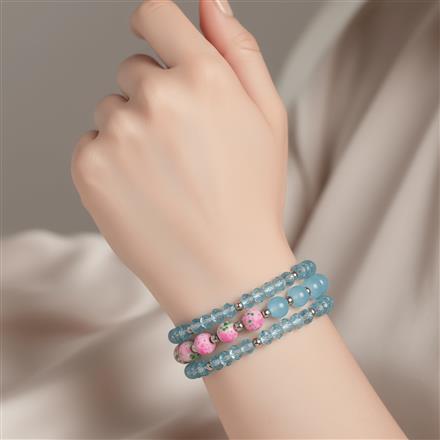 Western Stretchable Aqua Blue Faceted Glass Multi Color Splatter Bead Bracelet Set Of 3