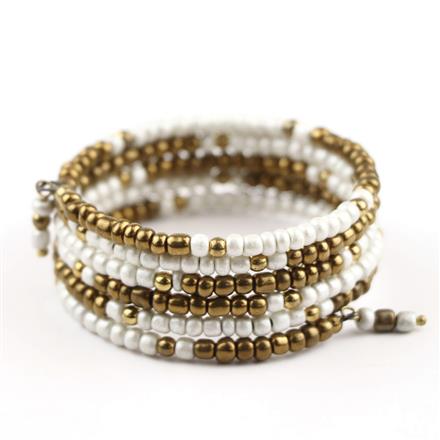 Western Boho White Gold Metallic Seed Bead Multi Wrap Coil Bracelet
