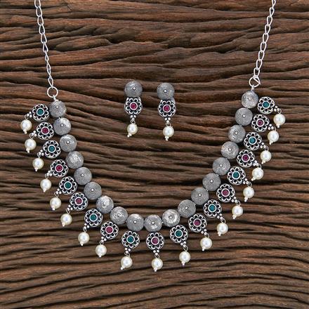 Moti Necklace With Oxidised Plating
