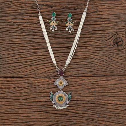 Oxidised Moti Necklace With 2 Tone Plating