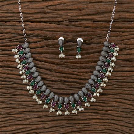 Moti Necklace With Oxidised Plating