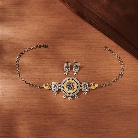 Oxidised Choker Necklace With 2 Tone Plating