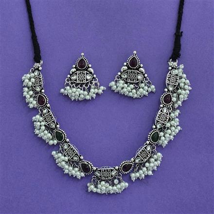 Moti Necklace With Oxidised Plating