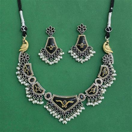 Oxidised Moti Necklace With 2 Tone Plating