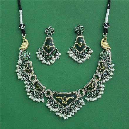 Oxidised Moti Necklace With 2 Tone Plating