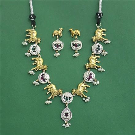 Oxidised Moti Necklace With 2 Tone Plating
