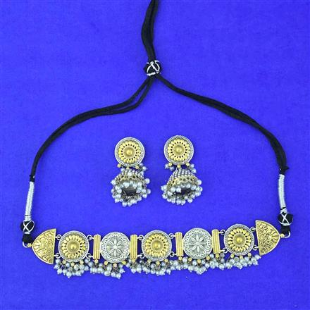 Oxidised Moti Necklace With 2 Tone Plating