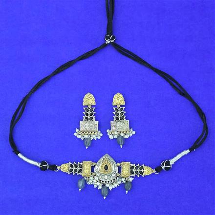Oxidised Moti Necklace With 2 Tone Plating