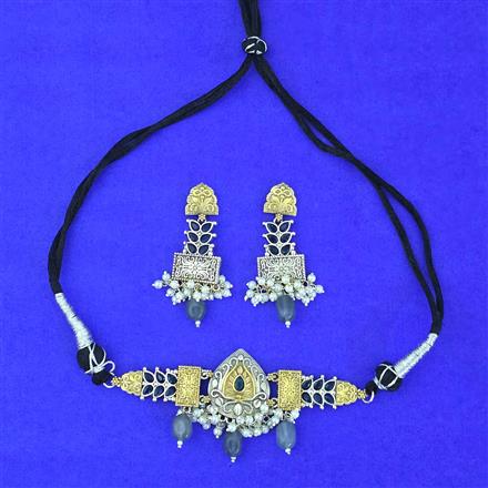 Oxidised Moti Necklace With 2 Tone Plating