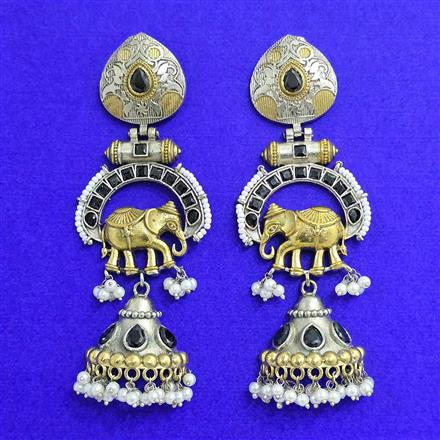 Oxidised Long Earring With 2 Tone Plating