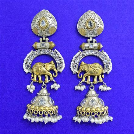 Oxidised Long Earring With 2 Tone Plating