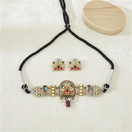 Oxidised Choker Necklace With 2 Tone Plating