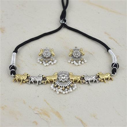 Oxidised Choker Necklace Set With 2 Tone Plating