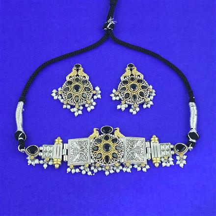 Oxidised Choker Necklace Set With 2 Tone Plating