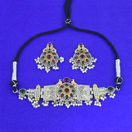 Oxidised Choker Necklace Set With 2 Tone Plating