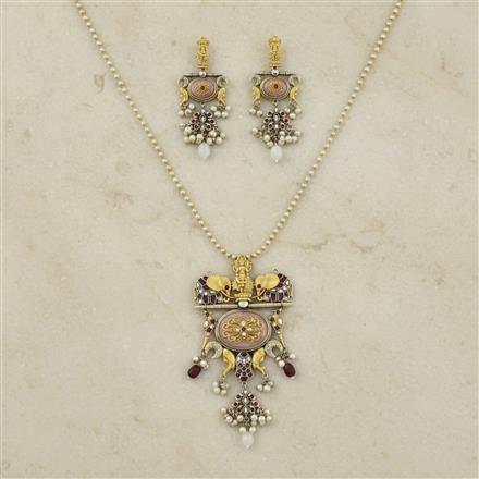 Oxidised Temple Pendant Set With 2 Tone Plating