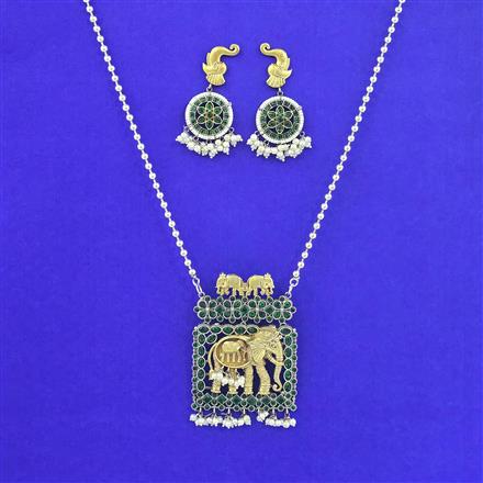 Oxidised Long Pendant Set With 2 Tone Plating