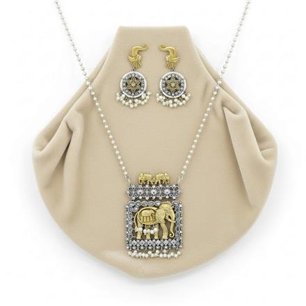 Oxidised Long Pendant Set With 2 Tone Plating