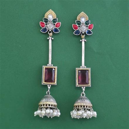 Oxidised Long Earring With 2 Tone Plating