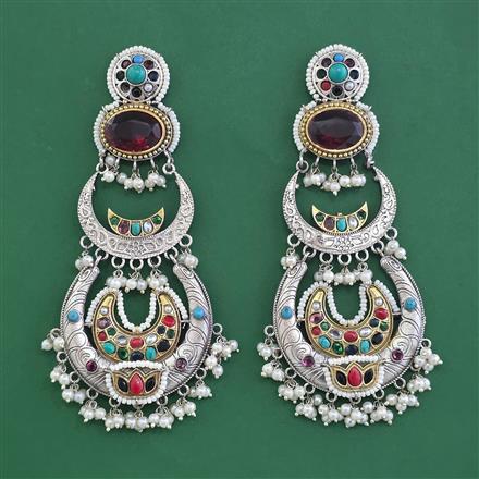 Oxidised Long Earring With 2 Tone Plating