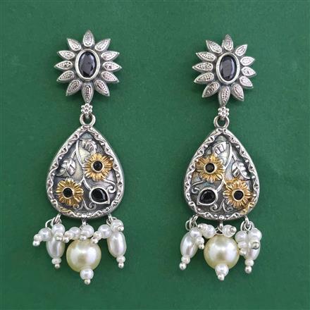 Oxidised Pearl Earring With 2 Tone Plating