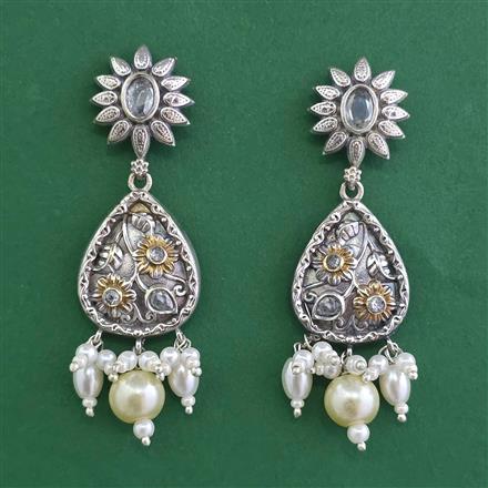 Oxidised Pearl Earring With 2 Tone Plating