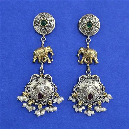 Oxidised Long Earring With 2 Tone Plating
