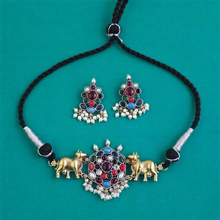 Oxidised Choker Necklace With 2 Tone Plating
